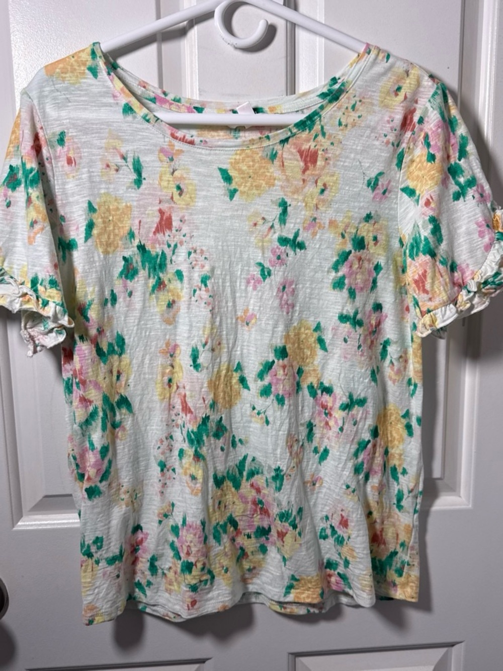 LC Lauren Conrad White Floral Short Sleeve Tee with Yellow, Pink & Green
